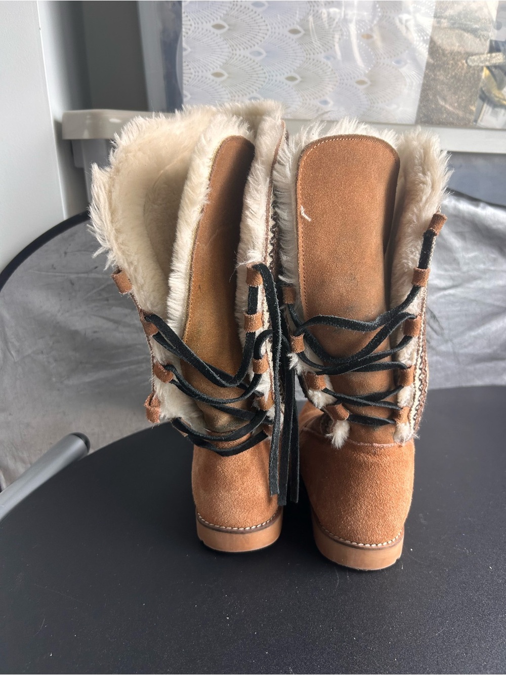 Faux-Suede Faux-Fur Lace-Up Winter Boots - Tan